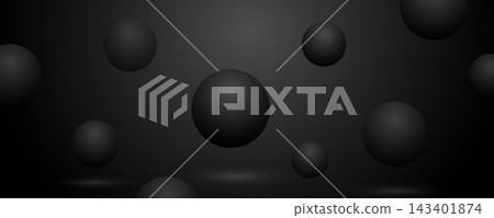 Abstract background with black spheres of different sizes on a dark gradient background. Abstract background with black spheres of different sizes on a dark gradient background. 143401874