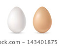 Two white and brown chicken eggs on a white background. 143401875