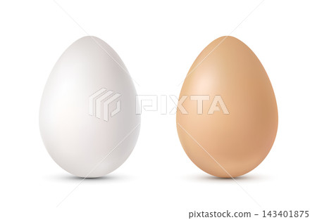Two white and brown chicken eggs on a white background. Two white and brown chicken eggs on a white background. 143401875