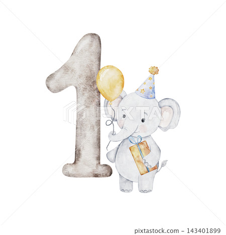 Watercolor Number 1 and cute elephant in party hat with yellow gift box and balloon. Monthly one milestone card and Cat illustration isolated on transparent background for birthday design. Watercolor Number 1 and cute elephant in party hat with yellow gift box and balloon. Monthly one milestone card and Cat illustration isolated on transparent background for birthday design. 143401899