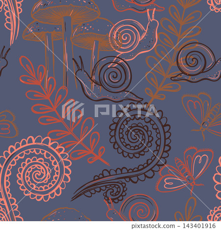 Hand-drawn nature motif repeat featuring mushrooms, snails, butterflies, curling paisley shapes, leafy branches, and floral details in coral, brown, and muted blue tones against dark backdrop. 143401916