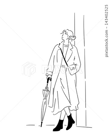 一幅簡單的線條畫，描繪了一位撐著傘的女士。 143402525
