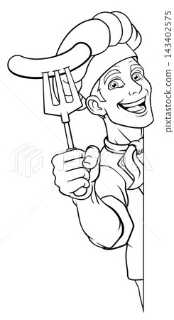 Chef Hotdog Sausage Cook Menu Sign Cartoon Mascot Chef Hotdog Sausage Cook Menu Sign Cartoon Mascot 143402575