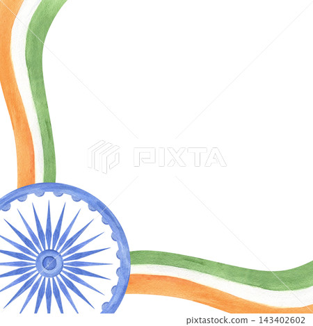 Watercolor Indian flag border with Ashoka Chakra on white background. India Independence Day and Republic Day greeting card with empty space for text. Patriotism, national identity, freedom concept. Watercolor Indian flag border with Ashoka Chakra on white background. India Independence Day and Republic Day greeting card with empty space for text. Patriotism, national identity, freedom concept. 143402602