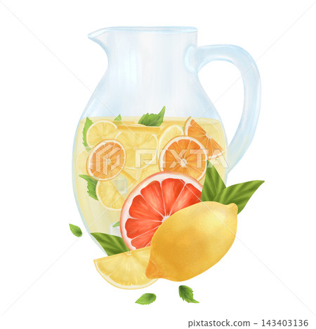 The composition is a decanter with citrus lemonade with ice. Grapefruit slices, lemon and leaves. It is suitable for designing menus and banners.  143403136