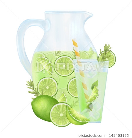 Composition of a decanter and a glass with citrus lemonade with rosemary, ice. Slices of lime, lime. It is suitable for designing menus and banners, as well as textiles. 143403155