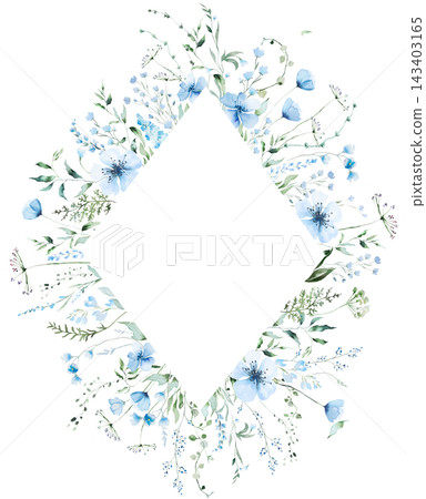 Floral frame with blue watercolor wildflowers and leaves, hand drawn wedding illustration Floral frame with blue watercolor wildflowers and leaves, hand drawn wedding illustration 143403165