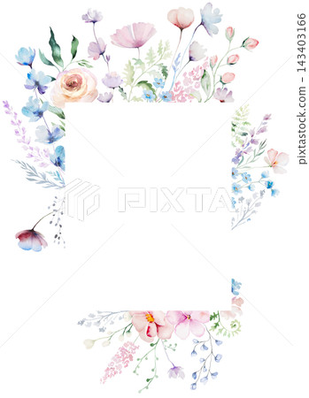 Watercolor floral frame with pastel wildflowers, isolated floral illustration for wedding stationery 143403166