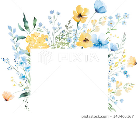 Frame with blue and yellow watercolor wildflowers and leaves, floral wedding illustration 143403167
