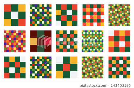 Geometric vector designs in Xmas and New Year colors. Set of seamless check grid patterns with square, block, tile, and quadrant shapes in Memphis style. Ideal for cheerful holiday backgrounds Geometric vector designs in Xmas and New Year colors. Set of seamless check grid patterns with square, block, tile, and quadrant shapes in Memphis style. Ideal for cheerful holiday backgrounds 143403185