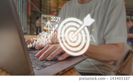 Business growth goals forecast concept with laptop and holographic bar chart icons for success templates Business growth goals forecast concept with laptop and holographic bar chart icons for success templates 143403187