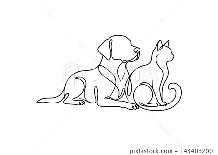 Dog and cat sitting together in continuous vector line art drawing style 143403200