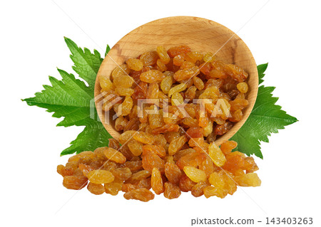 Yellow Raisins in wooden bowl isolated on white background. Yellow Raisins in wooden bowl isolated on white background. 143403263