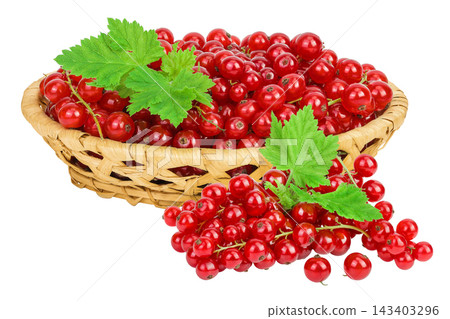 Red currant berries in a wicker basket isolated on white background Red currant berries in a wicker basket isolated on white background 143403296