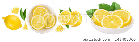 Ripe lemon slices in ceramic bowl isolated on white background with full depth of field. Top view. Flat lay Ripe lemon slices in ceramic bowl isolated on white background with full depth of field. Top view. Flat lay 143403306