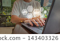 2027 innovation digital transformation concept with laptop and holographic hexagonal icons for business strategy templates 143403326