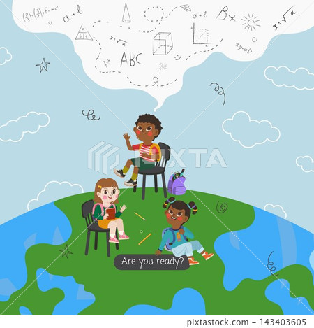 Diverse school children sitting on globe with math doodles in flat vector style Diverse school children sitting on globe with math doodles in flat vector style 143403605