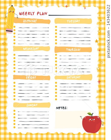 Cute weekly school planner with pencil apple and yellow gingham border in hand drawn vector style Cute weekly school planner with pencil apple and yellow gingham border in hand drawn vector style 143403622