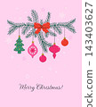 Merry Christmas greeting card with hanging baubles and pine branches on pink background vector illustration 143403627