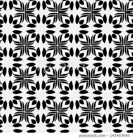 Seamless black and white floral geometric pattern with repeating leaf motifs, radial star forms, and balanced ornamental rhythm for wallpaper, textile, wrapping paper, surface design, and modern decor Seamless black and white floral geometric pattern with repeating leaf motifs, radial star forms, and balanced ornamental rhythm for wallpaper, textile, wrapping paper, surface design, and modern decor 143403645