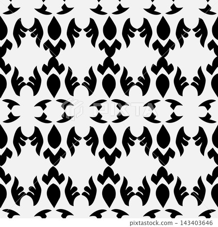 Seamless black ornamental pattern with repeating gothic inspired floral and winglike shapes on white background, creating strong contrast for textile, wallpaper, wrapping paper, decor, and surface. Seamless black ornamental pattern with repeating gothic inspired floral and winglike shapes on white background, creating strong contrast for textile, wallpaper, wrapping paper, decor, and surface. 143403646
