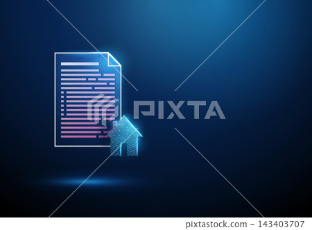 3D blue document and house icon. Real estate, property contract, mortgage loan, home insurance, building investment, asset value, secure agreement, ownership concept 3D blue document and house icon. Real estate, property contract, mortgage loan, home insurance, building investment, asset value, secure agreement, ownership concept 143403707