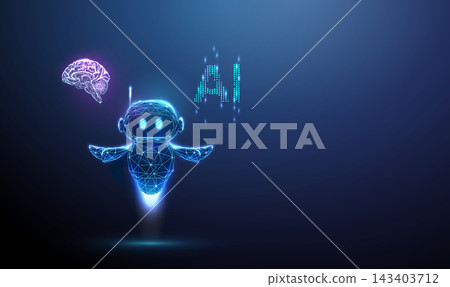 3D blue robot holding human brain and AI. Artificial intelligence, machine learning, neural network, data processing, automation, cognitive computing innovation concept 3D blue robot holding human brain and AI. Artificial intelligence, machine learning, neural network, data processing, automation, cognitive computing innovation concept 143403712