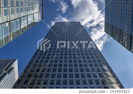 Skyscrapers of Canary Wharf viewed from below, London, UK Skyscrapers of Canary Wharf viewed from below, London, UK 143403923