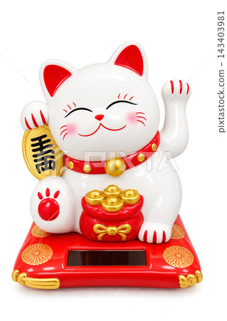 Lucky Cat Maneki Neko Figurine with Gold Coin and Red Base on White Background 143403981