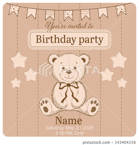 Cute Teddy Bear Invitation for a Birthday Party Celebration Featuring Stars and Banners Cute Teddy Bear Invitation for a Birthday Party Celebration Featuring Stars and Banners 143404158