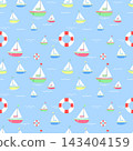 Colorful Repeating Pattern Featuring Sailboats and Lifebuoys on a Light Blue Background 143404159
