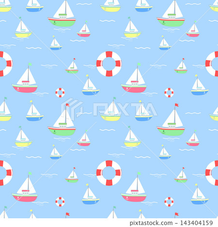 Colorful Repeating Pattern Featuring Sailboats and Lifebuoys on a Light Blue Background Colorful Repeating Pattern Featuring Sailboats and Lifebuoys on a Light Blue Background 143404159