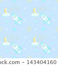 Whimsical Space Themed Pattern Featuring Rockets, Moons, Clouds, and Stars on a Soft Blue Background 143404160