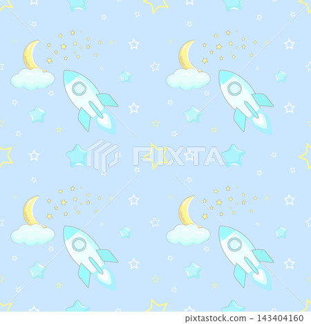 Whimsical Space Themed Pattern Featuring Rockets, Moons, Clouds, and Stars on a Soft Blue Background Whimsical Space Themed Pattern Featuring Rockets, Moons, Clouds, and Stars on a Soft Blue Background 143404160