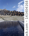 Solar panels lying on ground with vertically mounted four wings around central column, photovoltaic plant avoid snow accumulation, maintain high yields, Alps, future innovation energy concept 143404168