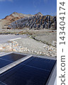 Solar panels lying on ground with vertically mounted four wings around central column, photovoltaic plant avoid snow accumulation, maintain high yields, Alps, future innovation energy concept 143404174