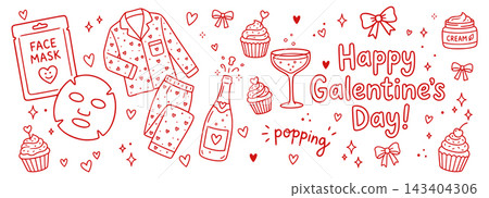 Happy Galentines Day. set of Hand Drawn Line Art with Face Mask, Robe, Champagne, Cupcake and Bow, Feminine Friendship Celebration Illustration for Greeting Card Happy Galentines Day. set of Hand Drawn Line Art with Face Mask, Robe, Champagne, Cupcake and Bow, Feminine Friendship Celebration Illustration for Greeting Card 143404306
