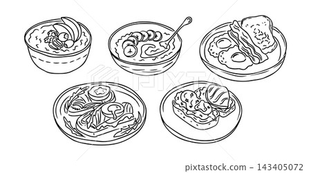 Hand drawn comfort food breakfast dishes with bowls of noodles, pancakes, eggs, toast, and bacon arranged as a black and white food illustration Hand drawn comfort food breakfast dishes with bowls of noodles, pancakes, eggs, toast, and bacon arranged as a black and white food illustration 143405072