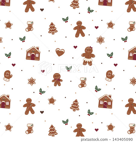 Gingerbread Christmas Seamless Pattern - Hand Drawn Holiday Cookies Gingerbread Christmas Seamless Pattern - Hand Drawn Holiday Cookies 143405090