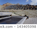 Solar panels lying on ground with vertically mounted four wings around central column, photovoltaic plant avoid snow accumulation, maintain high yields, Alps, future innovation energy concept 143405098