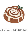 Hand-drawn Christmas cinnamon roll with creamy icing and festive holly decoration, isolated vector illustration for holiday bakery, packaging and seasonal design 143405145
