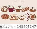Hand-drawn Christmas bakery illustration set with cinnamon roll, hot chocolate, cupcake, yule log, pudding, pie, cookie box, donut, candy cane and decorated cookie 143405147