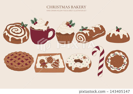 Hand-drawn Christmas bakery illustration set with cinnamon roll, hot chocolate, cupcake, yule log, pudding, pie, cookie box, donut, candy cane and decorated cookie Hand-drawn Christmas bakery illustration set with cinnamon roll, hot chocolate, cupcake, yule log, pudding, pie, cookie box, donut, candy cane and decorated cookie 143405147
