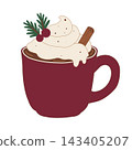 Hand-drawn Christmas hot chocolate in a festive mug with whipped cream, cinnamon and holiday decoration, isolated vector illustration for seasonal food and beverage design 143405207
