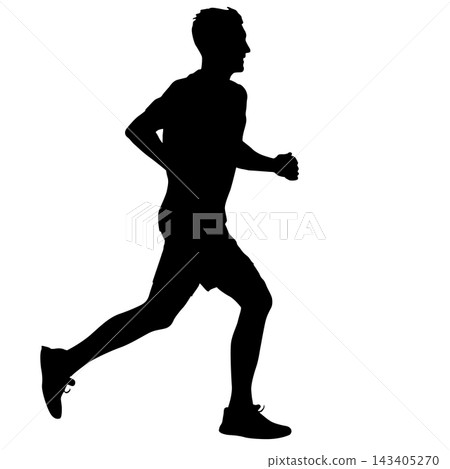 Black silhouette of a male runner in motion isolated on a white background. 143405270