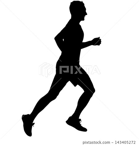 Black silhouette of a male runner in motion isolated on a white background. 143405272