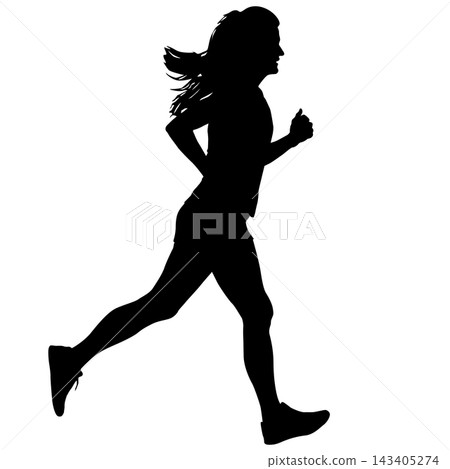Black silhouette of a female runner in motion isolated on a white background. Black silhouette of a female runner in motion isolated on a white background. 143405274
