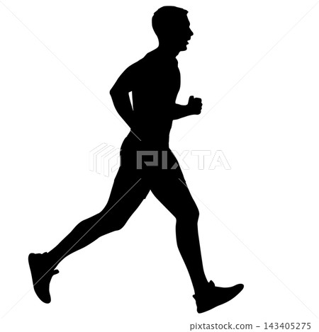 Black silhouette of a male runner in motion isolated on a white background. 143405275