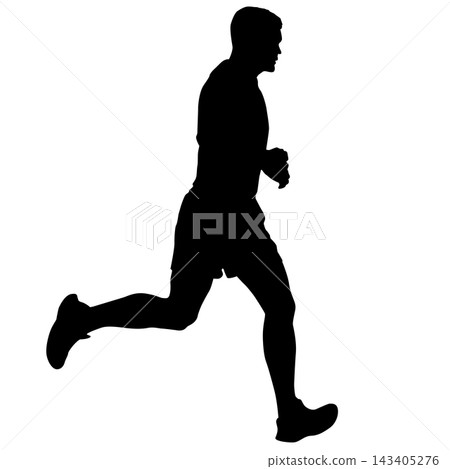 Black silhouette of a male runner in motion isolated on a white background. Black silhouette of a male runner in motion isolated on a white background. 143405276