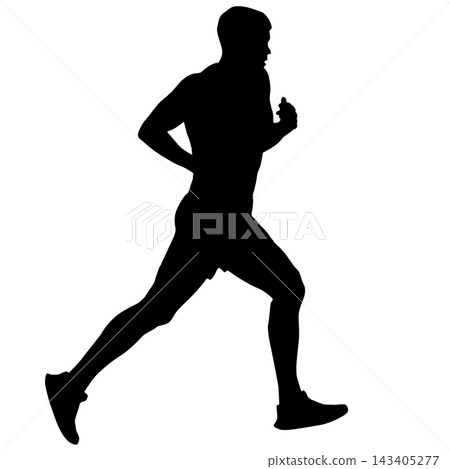Black silhouette of a male runner in motion isolated on a white background. 143405277